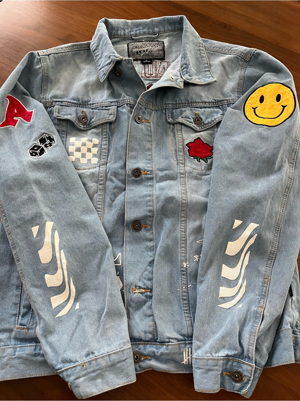 Brooklyn Cloth Light Blue Denim Jacket with Red Rose Patch & White Graphics